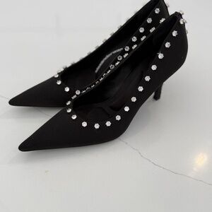 Alexander Wang Delphine 85 Crystal Stiletto Black Satin Evening Stud Pump Shoes